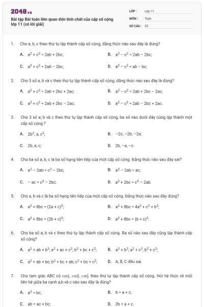 Bài tập Bài toán liên quan đến tính chất của cấp số cộng lớp 11 (có lời giải)