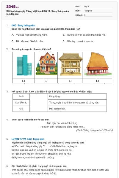 Bài tập hàng ngày Tiếng Việt lớp 4 Bài 11. Sang tháng năm (có đáp án)