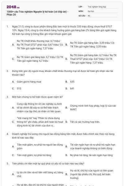 1000+ câu Trắc nghiệm Nguyên lý kế toán (có đáp án) - Phần 20