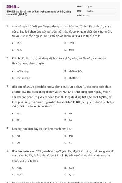 400 Bài tập Sắt và một số kim loại quan trọng cơ bản, nâng cao có lời giải (P8)