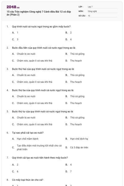 15 câu Trắc nghiệm Công nghệ 7 Cánh diều Bài 12 có đáp án (Phần 2)