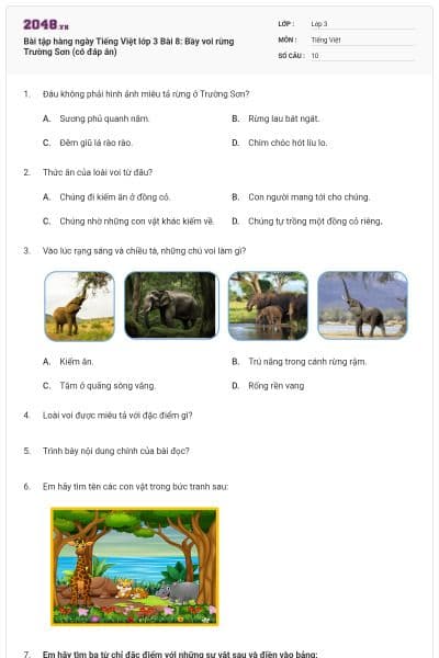 Bài tập hàng ngày Tiếng Việt lớp 3 Bài 8: Bầy voi rừng Trường Sơn (có đáp án)