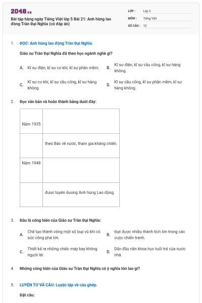 Bài tập hàng ngày Tiếng Việt lớp 5 Bài 21: Anh hùng lao đồng Trần Đại Nghĩa (có đáp án)