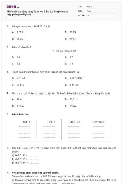 Phiếu bài tập hàng ngày Toán lớp 5 Bài 22. Phép chia số thập phân (có đáp án)