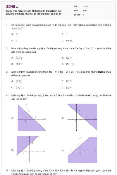 8 câu Trắc nghiệm Toán 10 Kết nối tri thức Bài 3. Bất phương trình bậc nhất hai ẩn (Thông hiểu) có đáp án