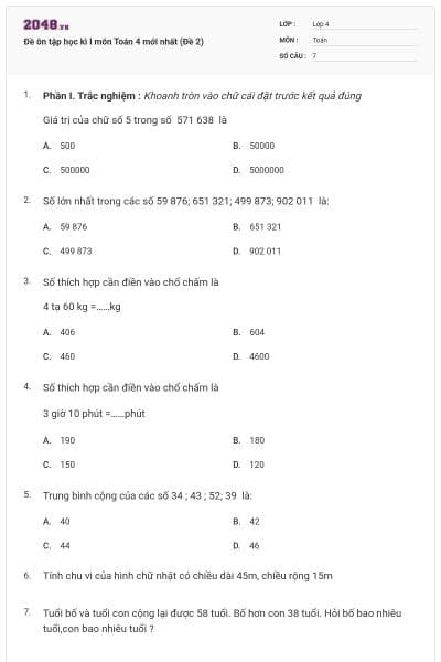 Đề ôn tập học kì I môn Toán 4 mới nhất (Đề 2)