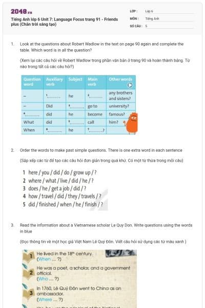 Tiếng Anh lớp 6 Unit 7: Language Focus trang 91 - Friends plus (Chân trời sáng tạo)