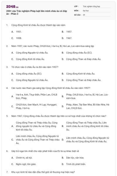 200+ câu Trắc nghiệm Pháp luật liên minh châu âu có đáp án - Phần 3