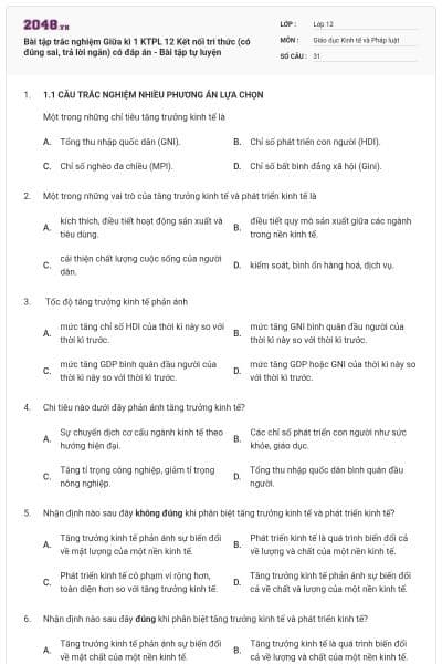 Bài tập trắc nghiệm Giữa kì 1 KTPL 12 Kết nối tri thức (có đúng sai, trả lời ngắn) có đáp án - Bài tập tự luyện