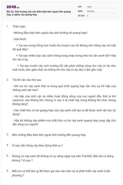 Bài 22: Ảnh hưởng của các điều kiện bên ngoài đến quang hợp, ý nghĩa của quang hợp
