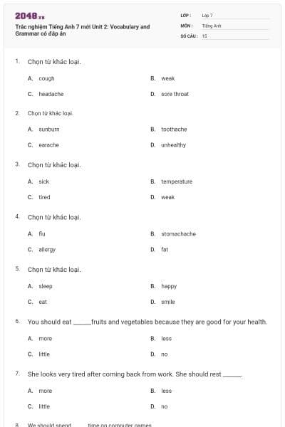 Trắc nghiệm Tiếng Anh 7 mới Unit 2: Vocabulary and Grammar có đáp án