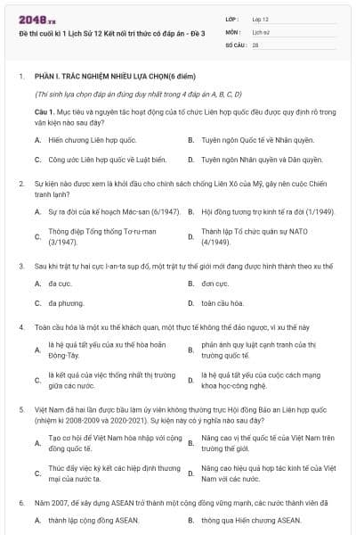 Đề thi cuối kì 1 Lịch Sử 12 Kết nối tri thức có đáp án - Đề 3