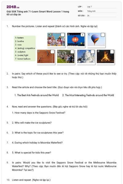 Giải SGK Tiếng anh 7 I-Learn Smart Word Lesson 1 trang 60 có đáp án