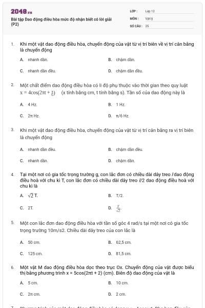 Bài tập Dao động điều hòa mức độ nhận biết có lời giải (P2)