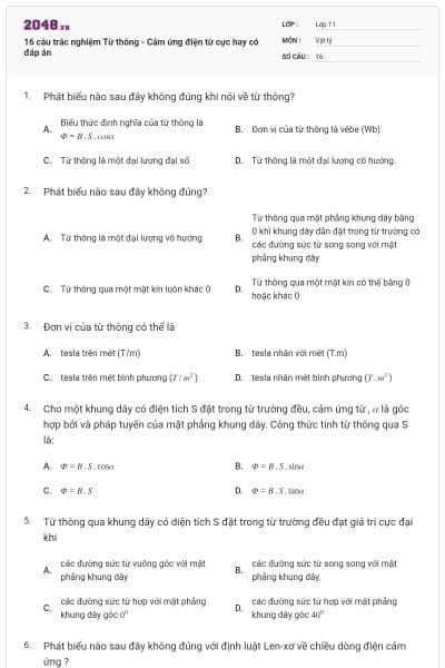 16 câu trắc nghiệm Từ thông - Cảm ứng điện từ cực hay có đáp án