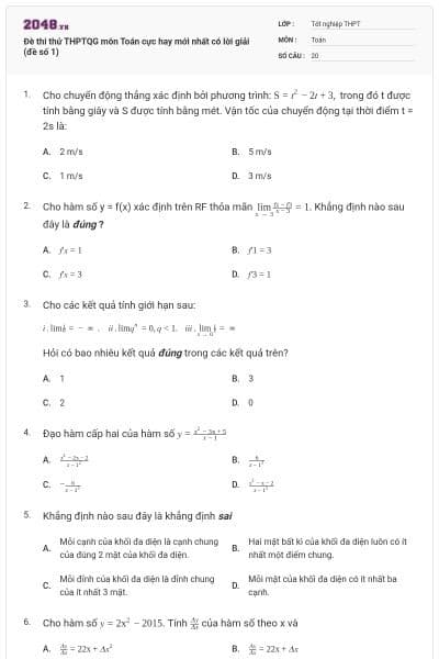 Đè thi thử THPTQG môn Toán cực hay mới nhất có lời giải (đề số 1)