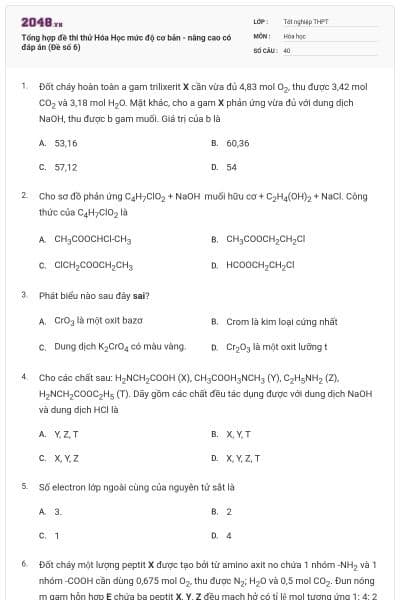 Tổng hợp đề thi thử Hóa Học mức độ cơ bản - nâng cao có đáp án (Đề số 6)