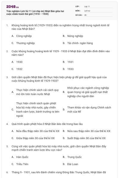 Trắc nghiệm Lịch Sử 11 (có đáp án) Nhật Bản giữa hai cuộc chiến tranh thế giới (1918 – 1930)