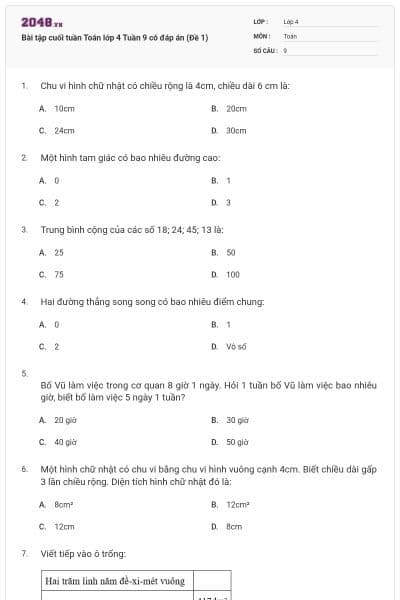 Bài tập cuối tuần Toán lớp 4 Tuần 9 có đáp án (Đề 1)