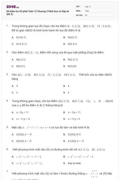 Đề kiểm tra 45 phút Toán 12 Chương 3 Hình học có đáp án (Đề 2)