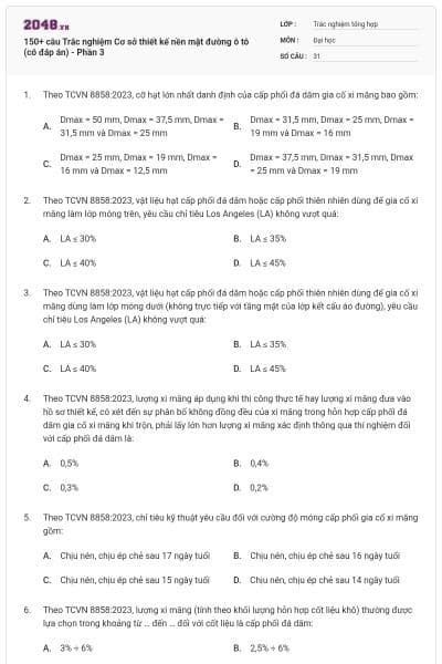 150+ câu Trắc nghiệm Cơ sở thiết kế nền mặt đường ô tô (có đáp án) - Phần 3