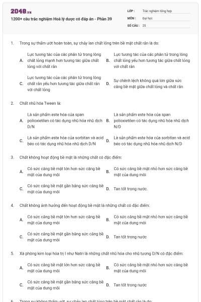 1200+ câu trắc nghiệm Hoá lý dược có đáp án - Phần 39