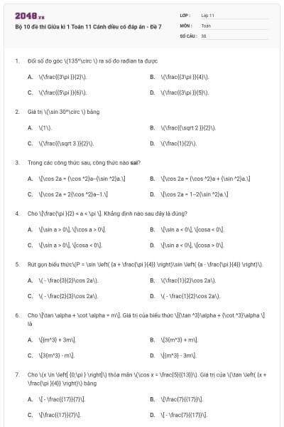 Bộ 10 đề thi Giữa kì 1 Toán 11 Cánh diều có đáp án - Đề 7