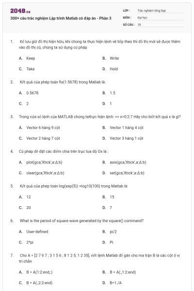 300+ câu trắc nghiệm Lập trình Matlab có đáp án - Phần 3
