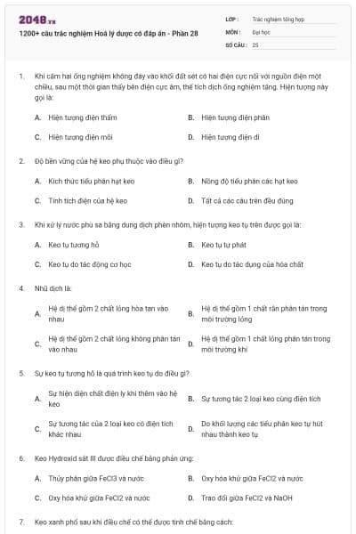1200+ câu trắc nghiệm Hoá lý dược có đáp án - Phần 28
