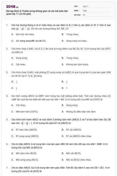 Bài tập Định lý Thalès trong không gian và các bài toán liên quan lớp 11 (có lời giải)