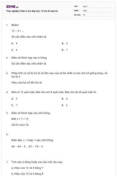 Trắc nghiệm Toán 2 (có đáp án): 12 trừ đi một số