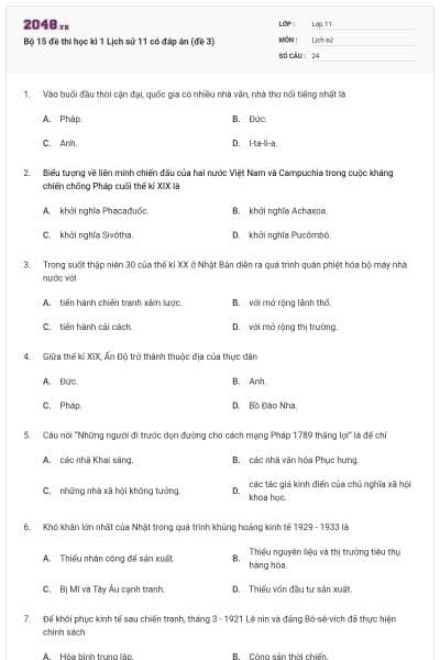 Bộ 15 đề thi học kì 1 Lịch sử 11 có đáp án (đề 3)