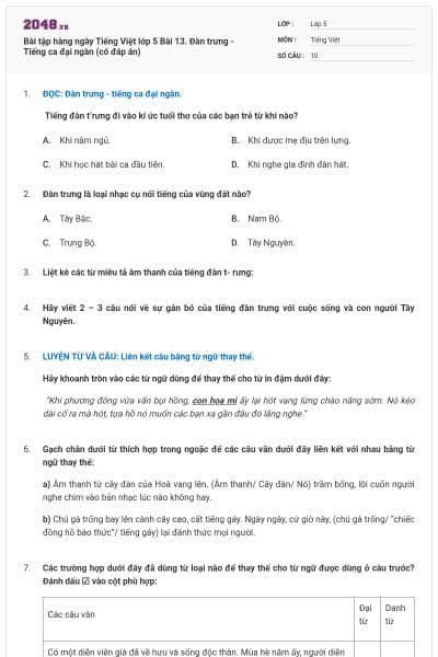 Bài tập hàng ngày Tiếng Việt lớp 5 Bài 13. Đàn trưng - Tiếng ca đại ngàn (có đáp án)