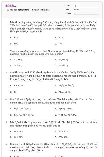 100 câu trắc nghiệm Nito - Photpho cơ bản (P3)