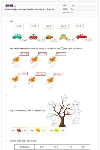 Phiếu bài tập cuối tuần Toán lớp 3 có đáp án - Tuần 12
