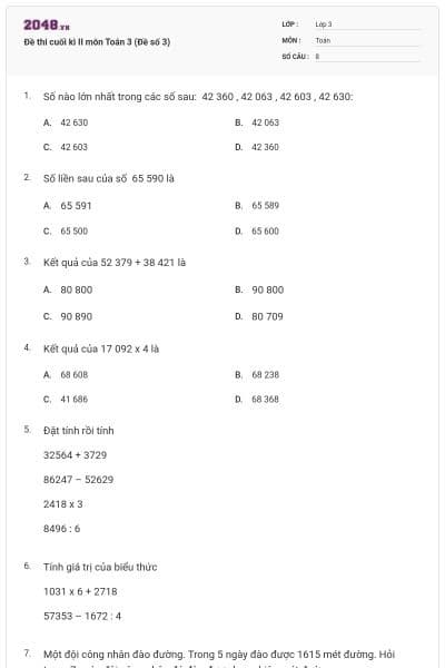 Đề thi cuối kì II môn Toán 3 (Đề số 3)