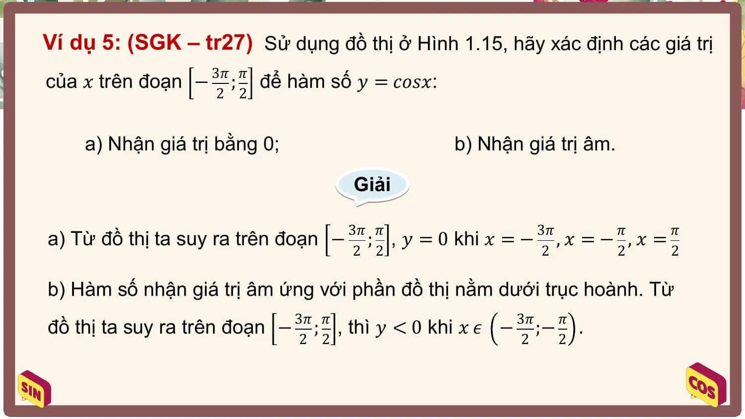 Ví dụ 5: (SGK – tr27) Sử dụng đồ thị ở Hình 1.15, hãy xác định các giá trị
 3𝜋 𝜋
của 𝑥 trên đoạn − ; để hàm số 𝑦 = 𝑐𝑜𝑠𝑥:
 2 2

 a) Nhận giá trị bằng 0; b) Nhận giá trị âm.

 Giải

 3𝜋 𝜋 3𝜋 𝜋 𝜋
a) Từ đồ thị ta suy ra trên đoạn − ; , 𝑦 = 0 khi 𝑥 = − , 𝑥 = − , 𝑥 =
 2 2 2 2 2

b) Hàm số nhận giá trị âm ứng với phần đồ thị nằm dưới trục hoành. Từ
 3𝜋 𝜋 3𝜋 𝜋
đồ thị ta suy ra trên đoạn − ; , thì 𝑦 < 0 khi 𝑥 𝜖 − ;− .
 2 2 2 2
