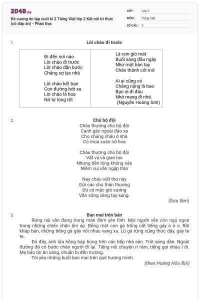 Đề cương ôn tập cuối kì 2 Tiếng Việt lớp 2 Kết nối tri thức (có đáp án) - Phần Đọc