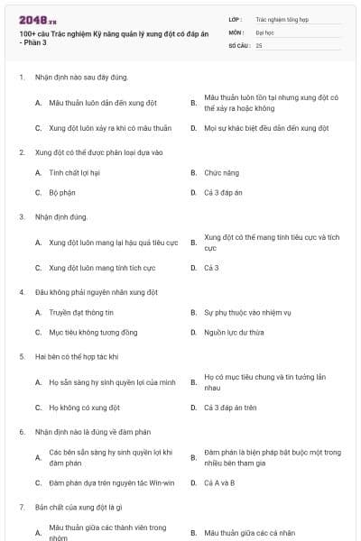 100+ câu Trắc nghiệm Kỹ năng quản lý xung đột có đáp án - Phần 3