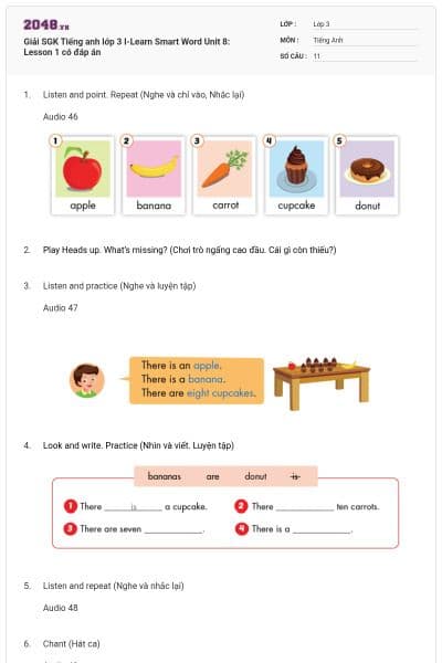 Giải SGK Tiếng anh lớp 3 I-Learn Smart Word Unit 8: Lesson 1 có đáp án