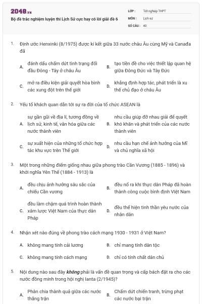 Bộ đề trắc nghiệm luyện thi Lịch Sử cực hay có lời giải đề 6