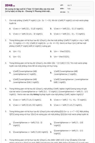 Đề cương ôn tập cuối kì 2 Toán 12 Cánh diều cấu trúc mới (có tự luận) có đáp án - Chương V. Phương trình mặt phẳng, đường thẳng, mặt cầu trong không gian