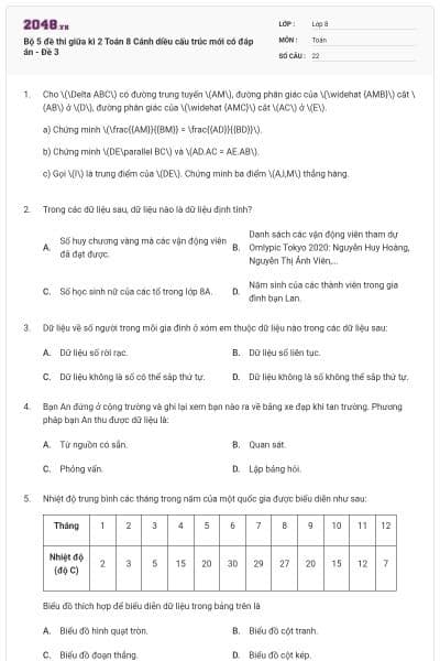 Bộ 5 đề thi giữa kì 2 Toán 8 Cánh diều cấu trúc mới có đáp án - Đề 3
