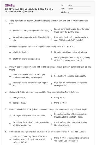 Giải SBT Lịch sử 9 Kết nối tri thức Bài 3. Châu Á từ năm 1918 đến năm 1945 (có đáp án)