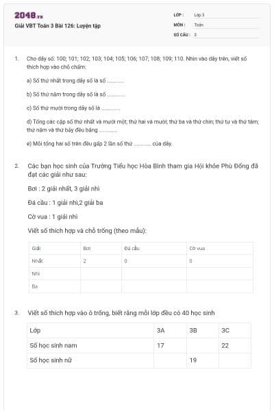 Giải VBT Toán 3 Bài 126: Luyện tập