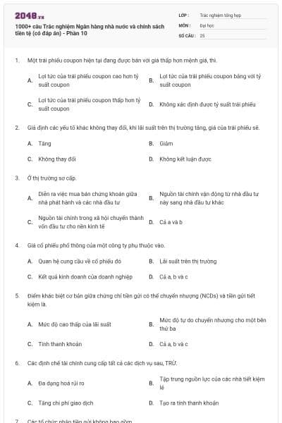 1000+ câu Trắc nghiệm Ngân hàng nhà nước và chính sách tiền tệ (có đáp án) - Phần 10