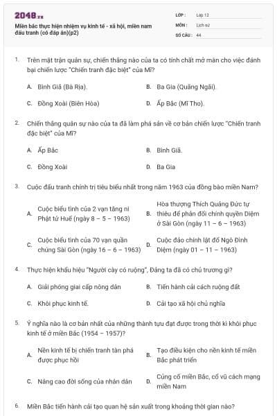 Miền bắc thực hiện nhiệm vụ kinh tế - xã hội, miền nam đấu tranh (có đáp án)(p2)