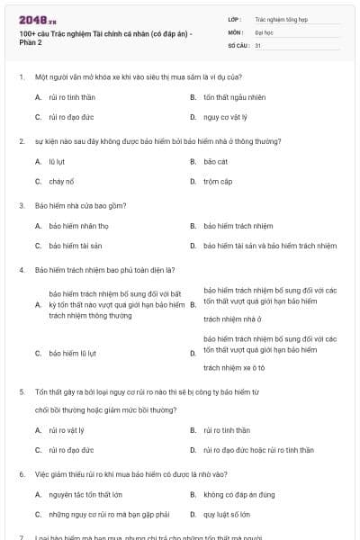 100+ câu Trắc nghiệm Tài chính cá nhân (có đáp án) - Phần 2