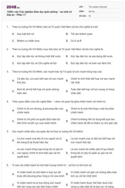 1000+ câu Trắc nghiệm Giáo dục quốc phòng – an ninh có đáp án - Phần 17