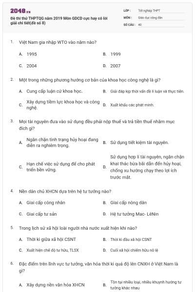 Đề thi thử THPTQG năm 2019 Môn GDCD cực hay có lời giải chi tiết(đề số 8)
